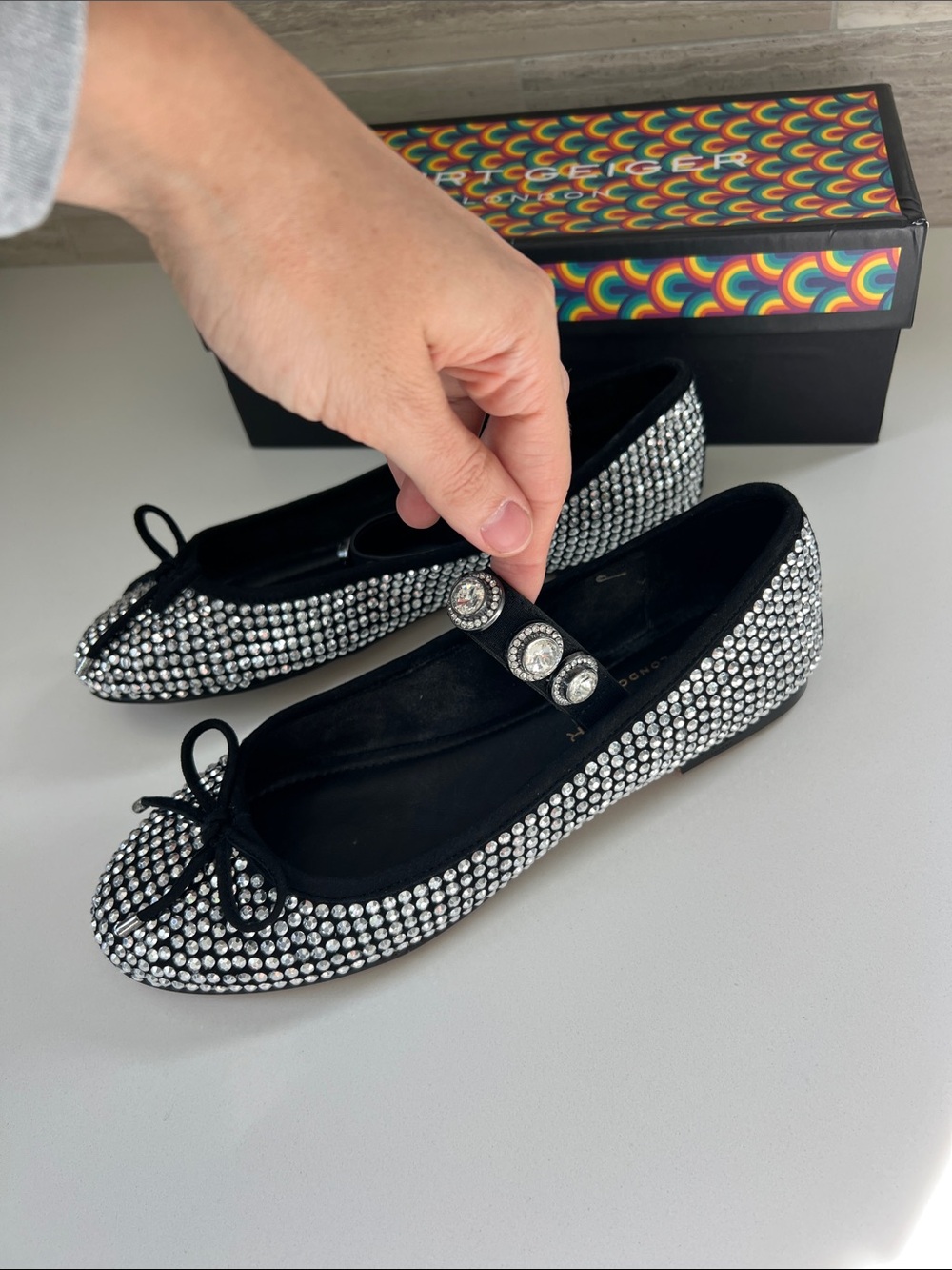 Kurt Geiger octavia ballerina ballet flats black suede crystal studded silver